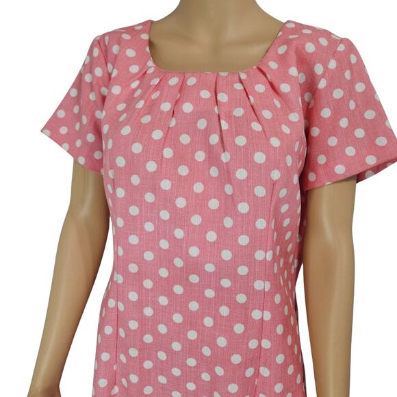 1940s Peach Polka Dot Rockabilly Short Sleeve Midi Back Long Zipper Dress SZ 14 - Picture 2 of 10